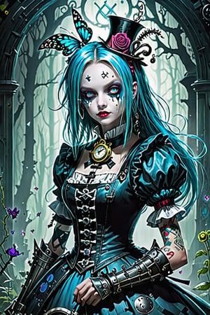 Cross between medieval fantasy, Alice in wonderland, toxicpunk and cyberpunk 