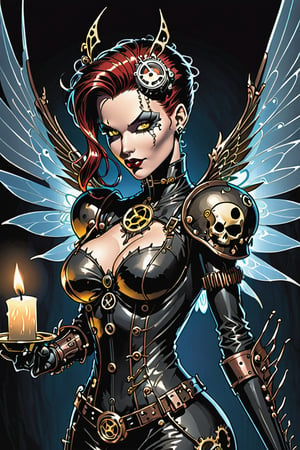 midshot, cel-shading style, centered image, ultra detailed illustration of the comic character ((female Spawn a steampunk faerie, her delicate wings shimmering in the soft glow of candlelight, by Todd McFarlane)), posing, in black and bronze suit with a skull emblem, ((holding a candle in one hand)), ((perfect hands)), ((closed hands)), ((close-up of her face)), (tetradic colors), inkpunk, ink lines, strong outlines, art by MSchiffer, bold traces, unframed, high contrast, cel-shaded, vector, 4k resolution, best quality, (chromatic aberration:1.8)