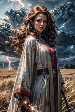 (4k), (masterpiece), (best quality),(extremely intricate), (realistic), (sharp focus), (award winning), (cinematic lighting), (extremely detailed), 

A young sorceress with long red hair, standing in a field of tall grass. She is wearing a flowing white robe with silver lightning bolts embroidered on it. Her staff is in her hand, and it is crackling with electricity. She is surrounded by a swirling vortex of lightning energy.