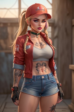 (a strong, attractive, and hot terry bogard girl, blonde hair, ponytail, blue eyes, long hair, red short jacket, baseball cap, fingerless gloves, denim shorts, large breast . Her face is oval, forehead is smooth and visibly rounded at the temples. jawline is softly defined, giving her a gentle and feminine appearance, (full body, Full of details, frontal body view, back body view, Highly detailed, Depth, Many parts), ((Masterpiece, Highest quality)), 8k, Detailed face, scars, serious expression. Infographic drawing. Multiple sexy poses. tattoos,3d, choker,