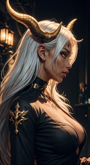 1girl, solo, long hair, long sleeves, jewelry, upper body, white hair, horns, choker, pointy ears, hand up, lips, fingernails, profile, glowing, colored skin, halo, facial mark, ring, demon horns, glowing eyes, long fingernails, nose, fantasy, sharp fingernails, white eyes