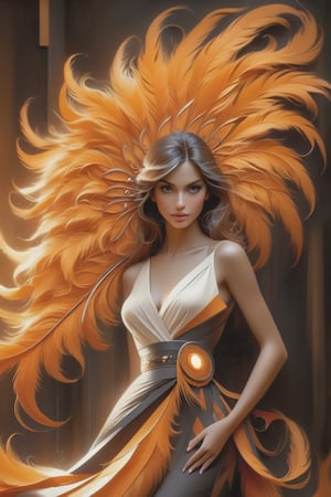 (masterpiece), Slender woman holds a fan of natural Orange ostrich feathers in her hand, (she places the open fan of Orange ostrich feathers on her waist, as if it were a belt. This highlights her figure and her style), The image has A geometric art style, with simple shapes and solid colors, which give it an elegant and sober look, real and detailed, highlights the color of your eyes, the image must be high impact, the background must be dark and contrast with the figure of the girl, The image must have a high detail resolution of 8k, (full body), (artistic pose of a woman),Leonardo Style,A girl dancing,Face makeup,DonMM4g1cXL ,darkart,orbstaff,DonMD34thM4g1cXL
