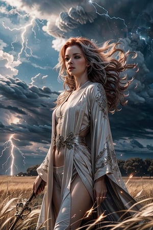 (4k), (masterpiece), (best quality),(extremely intricate), (realistic), (sharp focus), (award winning), (cinematic lighting), (extremely detailed), 

A young sorceress with long red hair, standing in a field of tall grass. She is wearing a flowing white robe with silver lightning bolts embroidered on it. Her staff is in her hand, and it is crackling with electricity. She is surrounded by a swirling vortex of lightning energy.