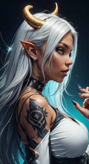 1girl, solo, long hair, long sleeves, jewelry, upper body, white hair, horns, choker, pointy ears, hand up, from side, lips, fingernails, profile, glowing, colored skin, halo, facial mark, ring, demon horns, glowing eyes, long fingernails, nose, fantasy, sharp fingernails, white eyes