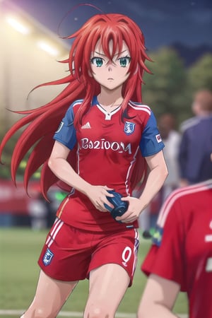 (wearing soccer_uniform:1.3),red uniform, good hand,4k, high-res, masterpiece, best quality, head:1.3,((Hasselblad photography)), finely detailed skin, sharp focus, (cinematic lighting), collarbone, night, soft lighting, dynamic angle, [:(detailed face:1.2):0.2],(((inside_soccer_field))), solo,wearing, soccer_uniform,inside soccer_field,wearing soccer_uniform,rias gremory