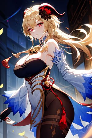 1girl, solo, ganyu \(genshin impact\),(bare shoulders, bell bottom, black gloves, black pantyhose, ((blonde hair)),  breasts, Chinese knot, loose sleeves, flower knot, gloves, horns, looking at viewer, large size breasts, flared neck, evening, open air, pantyhose, red eyes, side locks, single, tassel, white sleeves), ((masterpiece)),kitagawa marin, 