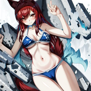 kaga(everlasting killing stone), closed mouth, solo, white background, cameltoe, swimsuit, simple background, navel, fox ears, large breasts, tail, fox girl, animal ear fluff, multiple tails, collarbone, cleavage, looking at viewer, blue bikini, bikini pull, blush, fox tail, animal ears, bikini, 1girl, long hair, red hair, brown eyes, hair over one eye
