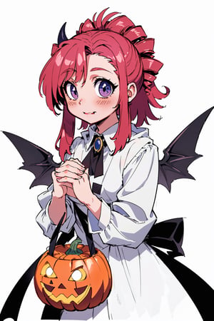 (pumpkin color cute background:1.3), rough sketch tiny girl, (succubus:0.8), fluffy dress, devil's black horns, devil's black wings, ((griping the edge of pumpkin lantern with hands)), looking at viewer, (Helltaker:1.1),km1