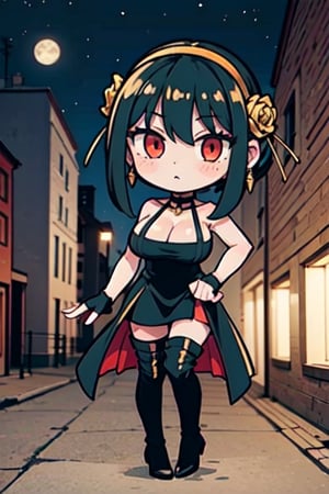 (chibi), full body, solo, 1girl,BBYORF, sidelocks, gold hairband, hair ornament, red eyes, gold earring, large breasts, choker, bare shoulders, black dress, two-sided dress, fingerless gloves, thigh boots, , cowboy shot, standing, looking at viewer, outdoors, night