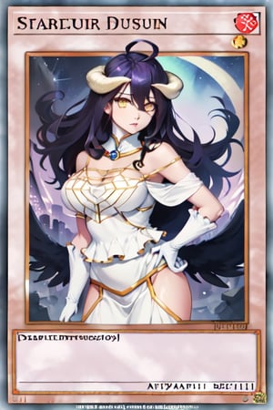 yugioh_card, masterpiece, best quality, highres, al1, demon horns, slit pupils, white gloves, white dress, bare shoulders, detached collar, cleavage, black wings, feathered wings, low wings, cowboy shot, field, ruins, night, standing, hand on hip, black hair