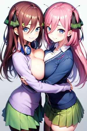 nakano nino, 2girls, pink hair, breast press, hugging, symmetrical docking, butterfly hair ornament, smile, white shirt, white thighhighs,  green skirt, black open cardigan, highly detailed, absurdres, masterpiece,  
AND nakano miku, 2girls, brown hair, hugging, breast press, symmetrical docking, hair between eyes, smile, pantyhose, green skirt, blue cardigan, headphones, highly detailed, absurdres, masterpiece,  