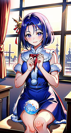 merry_christmas, smile,  christmas dress, in a snowball,haruna sairenji,aaharuna, short hair,  forehead,1 girl, in the classroom, midday, snowing through the window