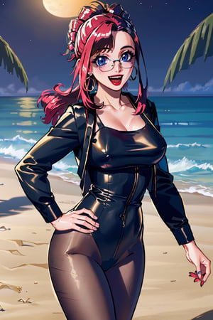 Forest night view, masterpiece, best quality, highres,  gold earrings, large breasts, jewelry, long sleeves, black pantyhose, outdoors, standing cowboy shot, smile, open mouth, hand on hip,pikkyharleyquinn,1girl,two-tone hair,multicolored hair, ((beach at night)),km1,  glasses