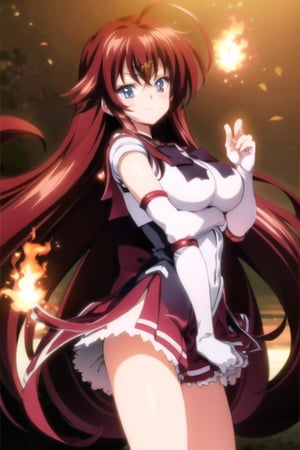 1GIRL RIAS_GREMORY,red hair, ahoge, blue eyes,very long hair, parted bangs, sailor senshi uniform, red sailor collar, red skirt, elbow gloves, standing, cowboy shot, smile, cartoon flames in background, stylized background, SMMars,