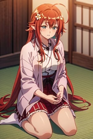 1GIRL RIAS_GREMORY,red hair, ahoge, blue eyes,very long hair, miko, (red hakama:1.1), japanese clothes, hair ornament, pointy ears, room, sitting, on floor, hair flower,