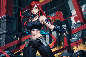 masterpiece, best quality, highres, 1girl, large breasts, black choker, collarbone, blue jacket, cropped jacket, open jacket, sports bra, midriff, fingerless gloves, black gloves, black pants, , standing, cowboy shot, stair, outdoors, alone, solo, erza scarlet, fairy tail, red hair, hair over one eye, brown eyes, long hair, looking at viewer, tattoo on left arm, red color, bare shoulders, clenched fists, closed hand, fairy tail
