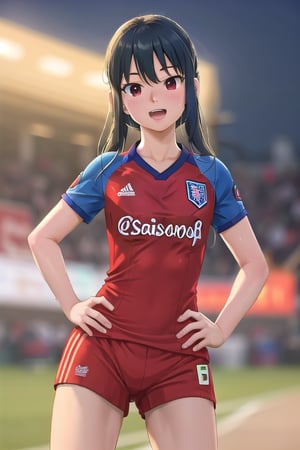 (wearing soccer_uniform:1.3),red uniform, good hand,4k, high-res, masterpiece, best quality, head:1.3,((Hasselblad photography)), finely detailed skin, sharp focus, (cinematic lighting), collarbone, night, soft lighting, dynamic angle, [:(detailed face:1.2):0.2],(((inside_soccer_field))), outside, outdoors, standing cowboy shot, smile, open mouth, hand on hip