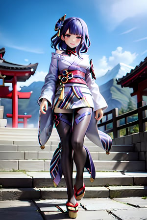 raidenshogundef, full body, smile, blush, outdoors, day, simple background, blue sky, short hair, sky, temple, looking at viewer, stairs, mountain, moody lighting, facing viewer,long hair