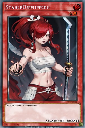 yugioh_card, masterpiece, best quality,  highres, fairy tail, 1girl, long hair, red hair, ponytail, white ribbon, hair over one eye, brown eyes, large breasts, collarbone, chest sarashi, bandage, bare arms, midriff, red hakama, red pants, standing, holding weapon, sword, katana