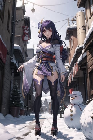 "Masterpiece in maximum 16K resolution, with dark fantasy style fused with Christmas elements, emphasizing a dynamic 3D perspective. | dressed in an intriguing skin-tight latex Christmas costume, city covered in snow. Around her, snowmen testify to her imposing presence. Her gaze challenges the viewer, as she reigns over the icy scenery. | The three-dimensional composition highlights the duality between the Christmas atmosphere, with the snow creating a unique canvas. Cinematic lighting highlights the details of the costume, while the snowmen add a playful touch. The camera, positioned close to the character , reveals her entire body as she adopts a dynamic pose, looking defiantly at the viewer. Dynamic tilts and leans add life to the composition. | (perfect_pose), She is adopting a ((dominant_pose as gases, standing in a snowy city, looking at the viewer):1.3), (perfect_hands), (perfect_fingers), (perfect_legs), (better_hands), Big, ((full body)), More Detail, (((purple eyes), long hair, purple hair))",raidenshogundef