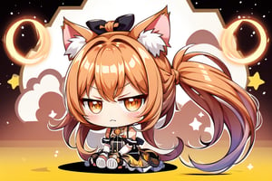 inkpunk ((style illustration chibi kirara /(genshin impact/))), chaotic background,Inkpunk style, ((1girl, solo)), Close-up, amused, animal ears, bell, blush, cat ears, cat paws, cat tail, detached sleeves, hair ornament, paw_shoes, sitting, solo, multiple tails, full body, long hair, brown hair, brown eyes