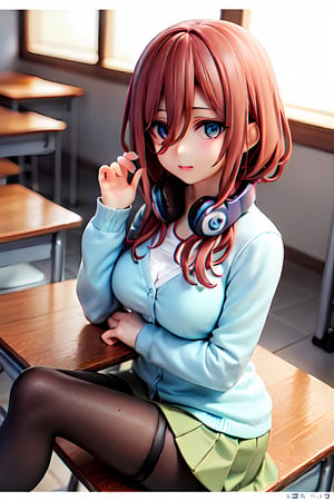 mikunakano,solo,1girl , miku nakano, long hair, bangs, blue eyes, brown hair, shirt, hair between eyes, headphones, cardigan, headphones around neck,BREAK skirt, shirt, long sleeves, white shirt, pantyhose, pleated skirt, black pantyhose, cardigan, green skirt, blue cardigan,BREAK indoors, classroom,BREAK looking at viewer, BREAK , (masterpiece:1.2), best quality, high resolution, unity 8k wallpaper, (illustration:0.8), (beautiful detailed eyes:1.6), extremely detailed face, perfect lighting, extremely detailed CG, (perfect hands, perfect anatomy),