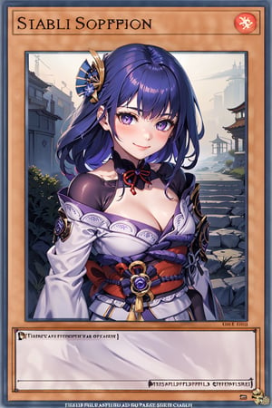 yugioh_card,masterpiece, best quality,raidenshogundef, upper body, smile, blush, outdoors, day, simple background, blue sky, short hair, sky, temple, looking at viewer, stairs, mountain, moody lighting, facing viewer,  gorgeous hair, medium breasts, long hair, blue purple hair