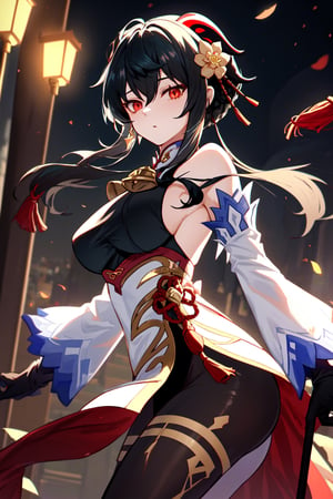1girl, solo, ganyu \(genshin impact\),(bbyorf, bare shoulders, bell bottom, black gloves, black pantyhose, ((black hair)),  breasts, Chinese knot, loose sleeves, flower knot, gloves, horns, looking at viewer, large size breasts, flared neck, evening, open air, pantyhose, red eyes, side locks, single, tassel, white sleeves), ((masterpiece)),bbyorf
