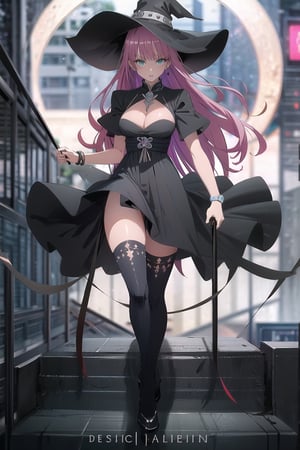  solo,black witch,balck witch hat,black witch dress,detailed face and eyes,1 girl,cleavage,playing, large moon in background, cyberpunk ,styled in Art Nouveau,insanely detailed, embellishments,high definition,concept art, digital art, tarot card,dynamic pose,full body,Lala Satalin Deviluke, masterpiece,  best