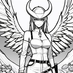 LineAniAF,best quality, anime, lady in unzipped Adidas tracksuit, polo shirt, outdoors, touching head, (lineart), manga, (monochrome), black and white, (colorless), masterpiece, best quality, highres, al1, demon horns, slit pupils, white gloves, white dress, bare shoulders, detached collar, cleavage, black wings, feathered wings, low wings,  cowboy shot, standing, smile, dungeon, evil smile,