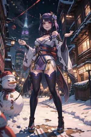 "Masterpiece in maximum 16K resolution, with dark fantasy style fused with Christmas elements, emphasizing a dynamic 3D perspective. | dressed in an intriguing skin-tight latex Christmas costume, city covered in snow. Around her, snowmen testify to her imposing presence. Her gaze challenges the viewer, as she reigns over the icy scenery. | The three-dimensional composition highlights the duality between the demonic aura and the Christmas atmosphere, with the snow creating a unique canvas. Cinematic lighting highlights the details of the costume, while the snowmen add a playful touch. | Scene of a Demon Queen dominating a snowy city with her defiant gaze. | The camera, positioned close to the character , reveals her entire body as she adopts a dynamic pose, looking defiantly at the viewer. Dynamic tilts and leans add life to the composition. | (perfect_pose), She is adopting a ((dominant_pose as gases, standing in a snowy city, looking at the viewer):1.3), (perfect_hands), (perfect_fingers), (perfect_legs), (better_hands), Big, ((full body)), More Detail, ((purple eyes, long hair, purple hair))",raidenshogundef