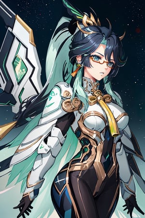 perfect face, bright pupils, (finely detailed beautiful eyes:1.1), blue eyes, shiny skin, lustrous skin, wide hips, narrow waist, long hair, glasses, semi-rimless eyewear, ponytail, multicolored hair(black and green), hair ornament, earrings, upper body,1girl, solo, ((mecha armor, robot, mechanical wings, galaxy, space)), xianyun, low twintails,long hair,valsione r