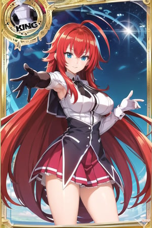 1GIRL RIAS_GREMORY,red hair, ahoge, blue eyes,very long hair, parted bangs, sailor senshi uniform, red sailor collar, red skirt, elbow gloves, standing, cowboy shot, smile, cartoon flames in background, stylized background, 
