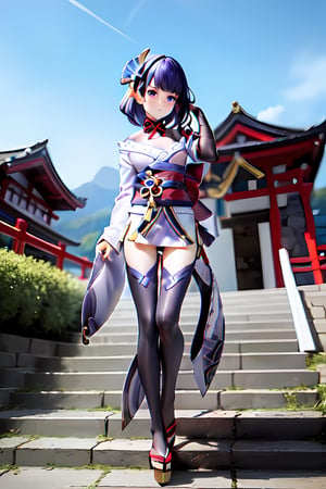 raidenshogundef, full body, smile, blush, outdoors, day, simple background, blue sky, short hair, sky, temple, looking at viewer, stairs, mountain, moody lighting, facing viewer,long hair