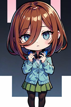 (chibi), full body, solo, 1girl, miku nakano, miku nakano, medium hair, bangs, blue eyes, brown hair, shirt, hair between eyes, headphones, cardigan, headphones around neck, skirt, shirt, long sleeves, white shirt, pantyhose, pleated skirt, black pantyhose, cardigan, green skirt, blue cardigan,(masterpiece:1.2), best quality, high resolution, unity 8k wallpaper, (illustration:0.8), (beautiful detailed eyes:1.6), extremely detailed face, perfect lighting, extremely detailed CG, (perfect hands, perfect anatomy), blank_background