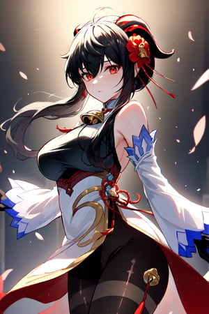 1girl, solo, ganyu \(genshin impact\),(bbyorf, bare shoulders, bell bottom, black gloves, black pantyhose, ((black hair)),  breasts, Chinese knot, loose sleeves, flower knot, gloves, horns, looking at viewer, large size breasts, flared neck, evening, open air, pantyhose, red eyes, side locks, single, tassel, white sleeves), ((masterpiece)),bbyorf