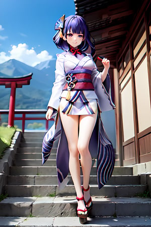 raidenshogundef, full body, smile, blush, outdoors, day, simple background, blue sky, short hair, sky, temple, looking at viewer, stairs, mountain, moody lighting, facing viewer,long hair