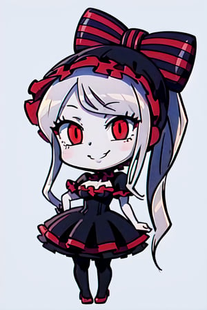 (chibi), full body, solo, 1girl,shalltear, gray hair, very long hair, medium breasts, red eyes, pony tail, bonnet, hair bow, black dress, looking at viewer, seductive smile, captivating pose, cowboy shot, evil smile, simple background