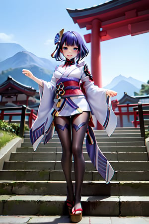 raidenshogundef, full body, smile, blush, outdoors, day, simple background, blue sky, short hair, sky, temple, looking at viewer, stairs, mountain, moody lighting, facing viewer,