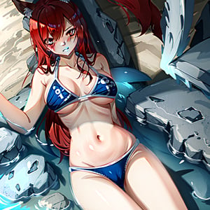 kaga(everlasting killing stone), closed mouth, solo, cameltoe, swimsuit, beach, navel, fox ears, large breasts, tail, fox girl, animal ear fluff, multiple tails, collarbone, cleavage, looking at viewer, blue bikini, bikini pull, blush, fox tail, animal ears, bikini, 1girl, long hair, red hair, brown eyes, hair over one eye
,fairy tail