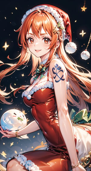 merry_christmas, smile, christmas dress, in a snowball,nami (one piece), long hair, orange hair, brown eyes, shoulder tattoo,Christmas,anime,1 girl