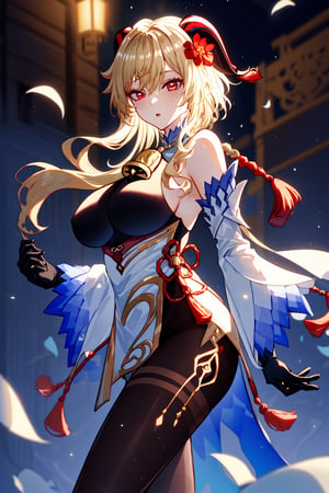 1girl, solo, ganyu \(genshin impact\),(bare shoulders, bell bottom, black gloves, black pantyhose, ((blonde hair)),  breasts, Chinese knot, loose sleeves, flower knot, gloves, horns, looking at viewer, large size breasts, flared neck, evening, open air, pantyhose, red eyes, side locks, single, tassel, white sleeves), ((masterpiece)),kitagawa marin, 