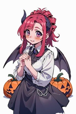 (pumpkin color cute background:1.3), rough sketch tiny girl, (succubus:0.8), fluffy dress, devil's black horns, devil's black wings, ((griping the edge of pumpkin lantern with hands)), looking at viewer, (Helltaker:1.1),km1