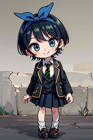 (chibi), full body, solo, 1girl, skirt, jacket, shirt, blue eyes, white shirt, necktie, green necktie, black hair, pleated skirt, socks, diagonal-striped necktie, open jacket, open clothes, striped necktie, collared shirt, black jacket, black skirt, striped, blazer, short hair, long sleeves, bangs, school uniform, black socks, diagonal stripes, hairband, hair ribbon, ribbon, blue hairband, dress shirt, bow, cowboy shot, smile,