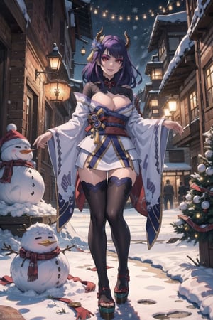 "Masterpiece in maximum 16K resolution, with dark fantasy style fused with Christmas elements, emphasizing a dynamic 3D perspective. | dressed in an intriguing skin-tight latex Christmas costume, displays enormous horns amid a city covered in snow. Around her, snowmen testify to her imposing presence. Her gaze challenges the viewer, as she reigns over the icy scenery. | The three-dimensional composition highlights the duality between the demonic aura and the Christmas atmosphere, with the snow creating a unique canvas. Cinematic lighting highlights the details of the costume and horns, while the snowmen add a playful touch. | Scene of a Demon Queen dominating a snowy city with her defiant gaze. | The camera, positioned close to the character , reveals her entire body as she adopts a dynamic pose, looking defiantly at the viewer. Dynamic tilts and leans add life to the composition. | (perfect_pose), She is adopting a ((dominant_pose as gases, standing in a snowy city, looking at the viewer):1.3), (perfect_hands), (perfect_fingers), (perfect_legs), (better_hands), Big, ((full body)), More Detail, purple eyes, long hair, purple hair",raidenshogundef
