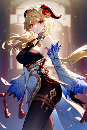 1girl, solo, ganyu \(genshin impact\),(bare shoulders, bell bottom, black gloves, black pantyhose, ((blonde hair)),  breasts, Chinese knot, loose sleeves, flower knot, gloves, horns, looking at viewer, large size breasts, flared neck, evening, open air, pantyhose, red eyes, side locks, single, tassel, white sleeves), ((masterpiece)),kitagawa marin, 