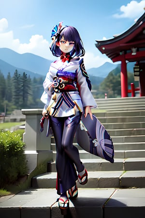 raidenshogundef, full body, smile, blush, outdoors, day, simple background, blue sky, short hair, sky, temple, looking at viewer, stairs, mountain, moody lighting, facing viewer,long hair