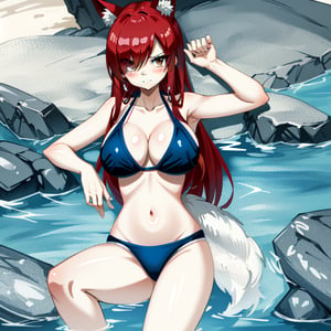 kaga(everlasting killing stone), closed mouth, solo,  swimsuit, beach, navel, fox ears, large breasts, tail, fox girl, animal ear fluff, multiple tails, collarbone, cleavage, looking at viewer, blue bikini, bikini pull, blush, fox tail, animal ears, bikini, 1girl, long hair, red hair, brown eyes, hair over one eye
,fairy tail
