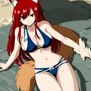 kaga(everlasting killing stone), closed mouth, solo,  swimsuit, beach, navel, fox ears, large breasts, tail, fox girl, animal ear fluff, multiple tails, collarbone, cleavage, looking at viewer, blue bikini, bikini pull, blush, fox tail, animal ears, bikini, 1girl, long hair, red hair, brown eyes, hair over one eye
,fairy tail,mtu virus