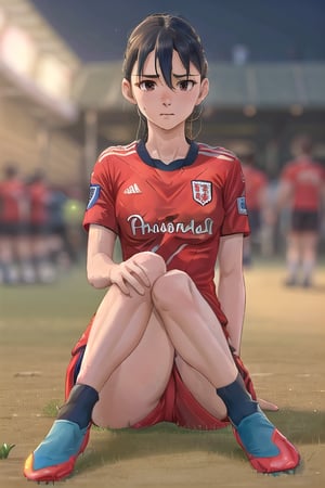 (wearing soccer_uniform:1.3),red uniform, good hand,4k, high-res, masterpiece, best quality, head:1.3,((Hasselblad photography)), finely detailed skin, sharp focus, (cinematic lighting), collarbone, night, soft lighting, dynamic angle, [:(detailed face:1.2):0.2],(((inside_soccer_field))), outside,full body